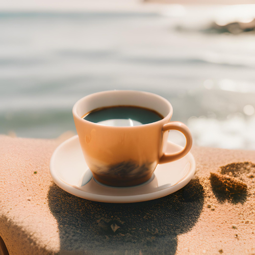 Eine Tasse Kaffee am Strand