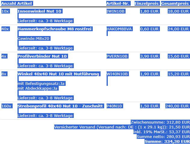 Kaufpreis Aluprofile bei Aluprofile24.de